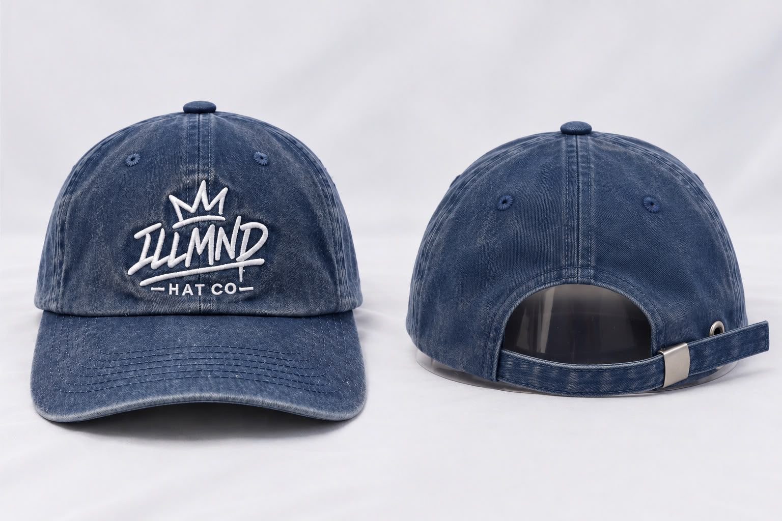 Genesis Cap in washed blue, front and rear views with white ILLMND crown embroidery